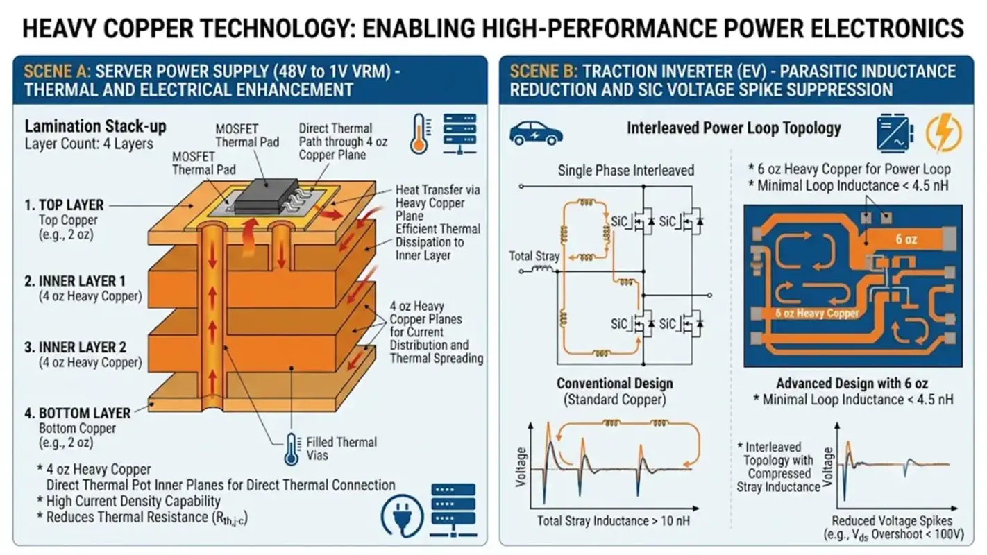A dual-panel technical diagram illustrating heavy copper technology in power electronics. Scene A (left) details a 4-layer server power supply lamination stack-up with 4 oz heavy copper inner layers and filled thermal vias, showing the direct heat transfer pathway from a surface-mounted MOSFET to reduce thermal resistance. Scene B (right) contrasts a conventional power loop against an advanced interleaved power loop topology utilizing 6 oz heavy copper for an EV traction inverter, complete with circuit schematics and voltage waveform graphs demonstrating a reduction of loop inductance below 4.5 nH and the suppression of SiC voltage spikes.