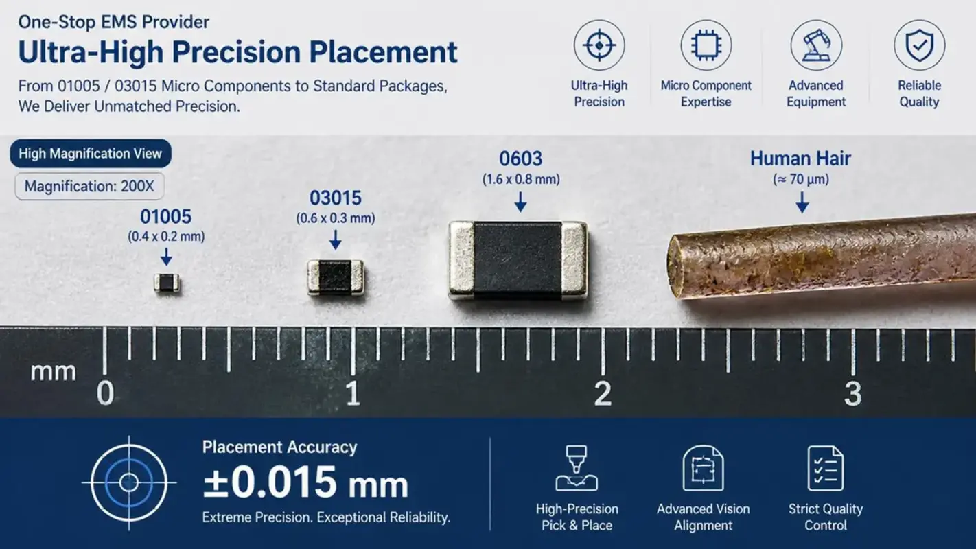  High magnification microscopic view comparing 01005 and 03015 micro components with a standard 0603 resistor and a human hair, demonstrating an ultra-high precision PCBA placement accuracy of $\pm0.015\text{ mm}$ by a one-stop EMS provider.