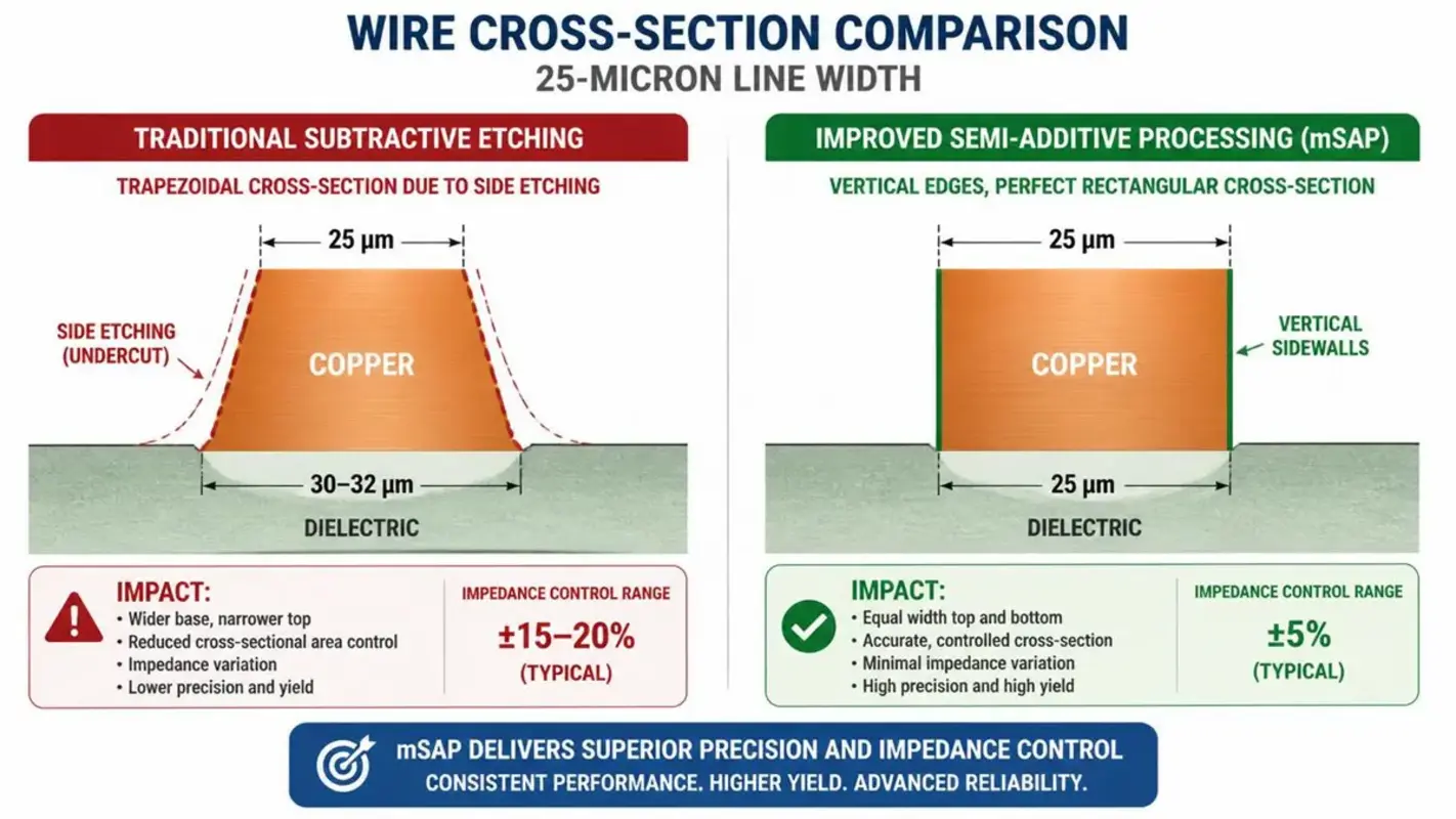 Technical illustration comparing wire cross-sections at 25-micron line width, showing traditional subtractive etching with trapezoidal copper shape and plus or minus 15 to 20 percent impedance variation, versus improved semi-additive processing (mSAP) with vertical sidewalls, perfect rectangular copper shape, and tight plus or minus 5 percent impedance control.