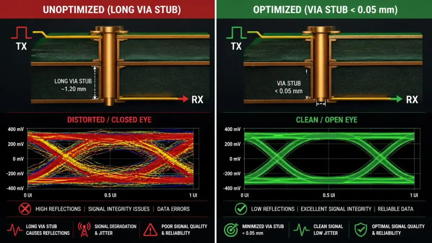Technical illustration comparing wire cross-sections at 25-micron line width, showing traditional subtractive etching with trapezoidal copper shape and plus or minus 15 to 20 percent impedance variation, versus improved semi-additive processing (mSAP) with vertical sidewalls, perfect rectangular copper shape, and tight plus or minus 5 percent impedance control.
